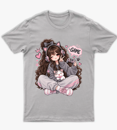Kawaii Gamer Girl – Pink & Gray - أمامي
